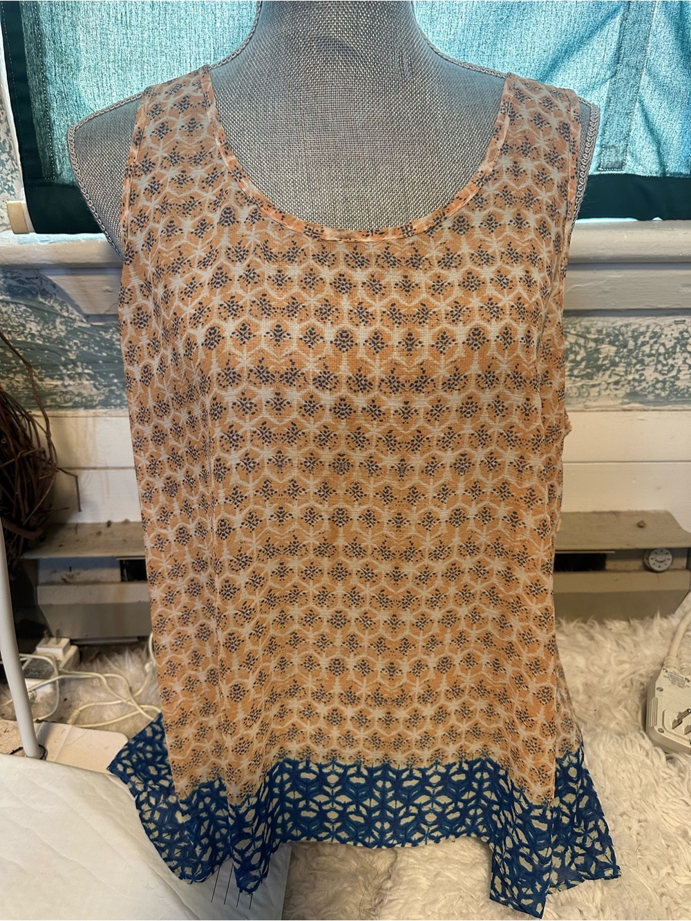 Maurices Beige Printed Sleeveless Tank with Navy Hem